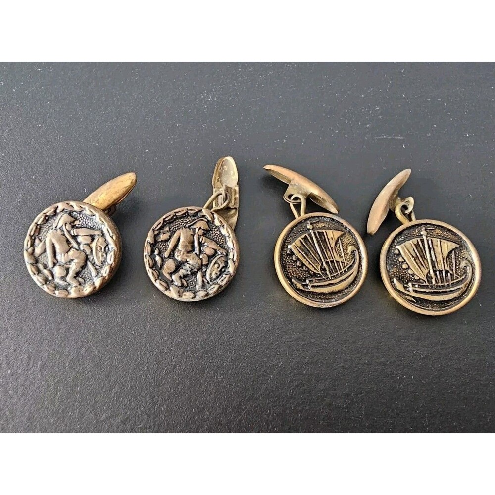 Vtg Cufflinks Viking Ship & Warrior Soldier Brass Metal Antique Norse